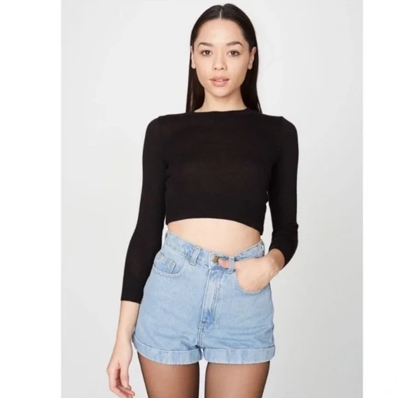 American Apparel High Rise Hi Waisted Denim Cuffed Jean Shorts Summer Wash Blue - Picture 10 of 11